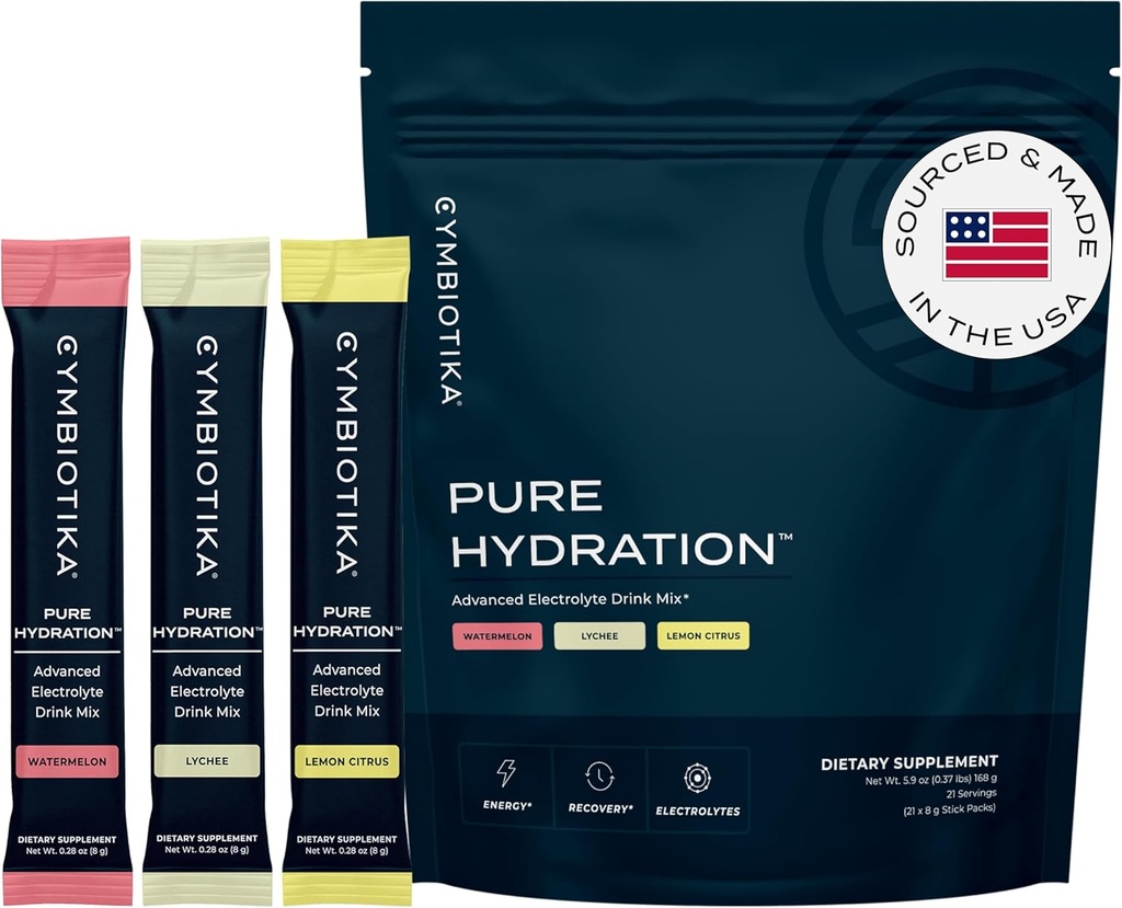 CYMBIOTIKA ren hydrasjon elektrolyserer pulverdrikk blanding med vitamin C & magnesium, ketovennlig elektrolytt Hydration Packets, variasjonspakke, sitron, lykee og vannmelon, 7 hver, 21 Stick Packets