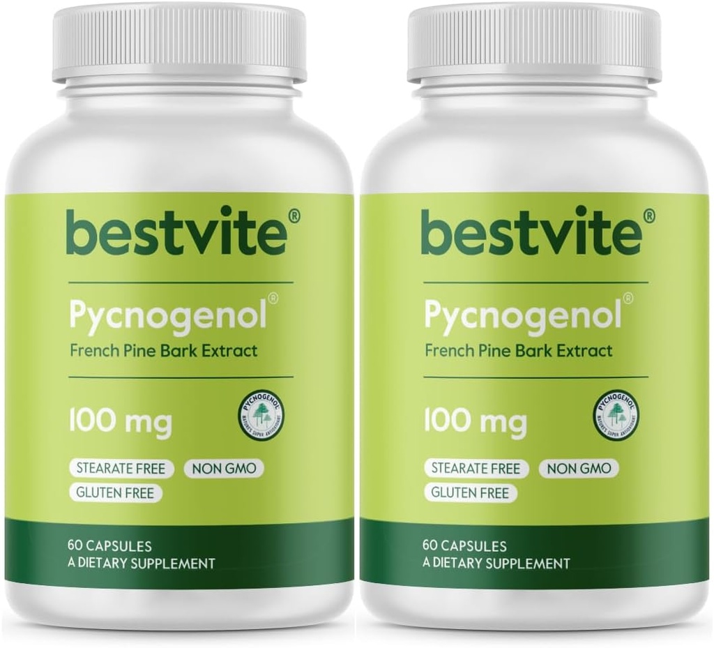 BESTVITE Pycnogenol 100mg (120 kapsler) (60x2) - Fransk Maritime Pine Bark Extract - Ingen stearates - Glutenfri - Ikke GMO