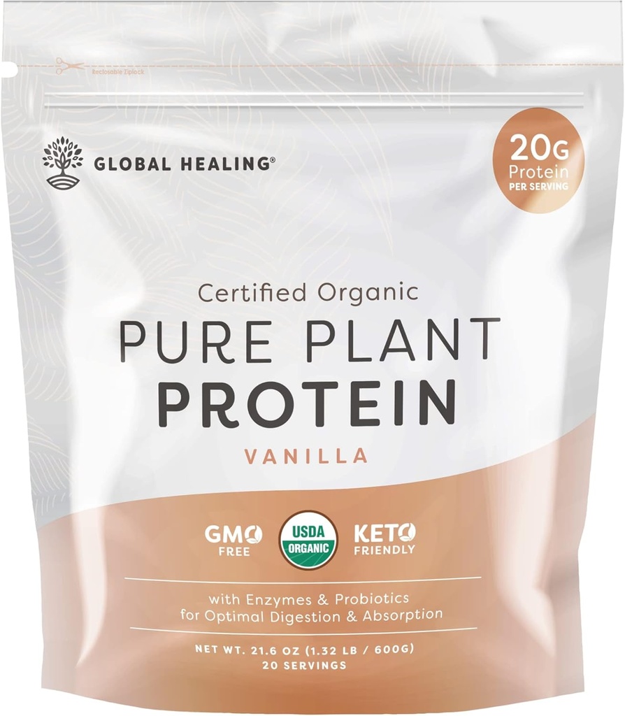 Global Healing Vegan Vanilla, Plant Basert Protein pulver for kvinner og menn, organisk, Måltid erstatning (20 Serveringer, 20g protein)
