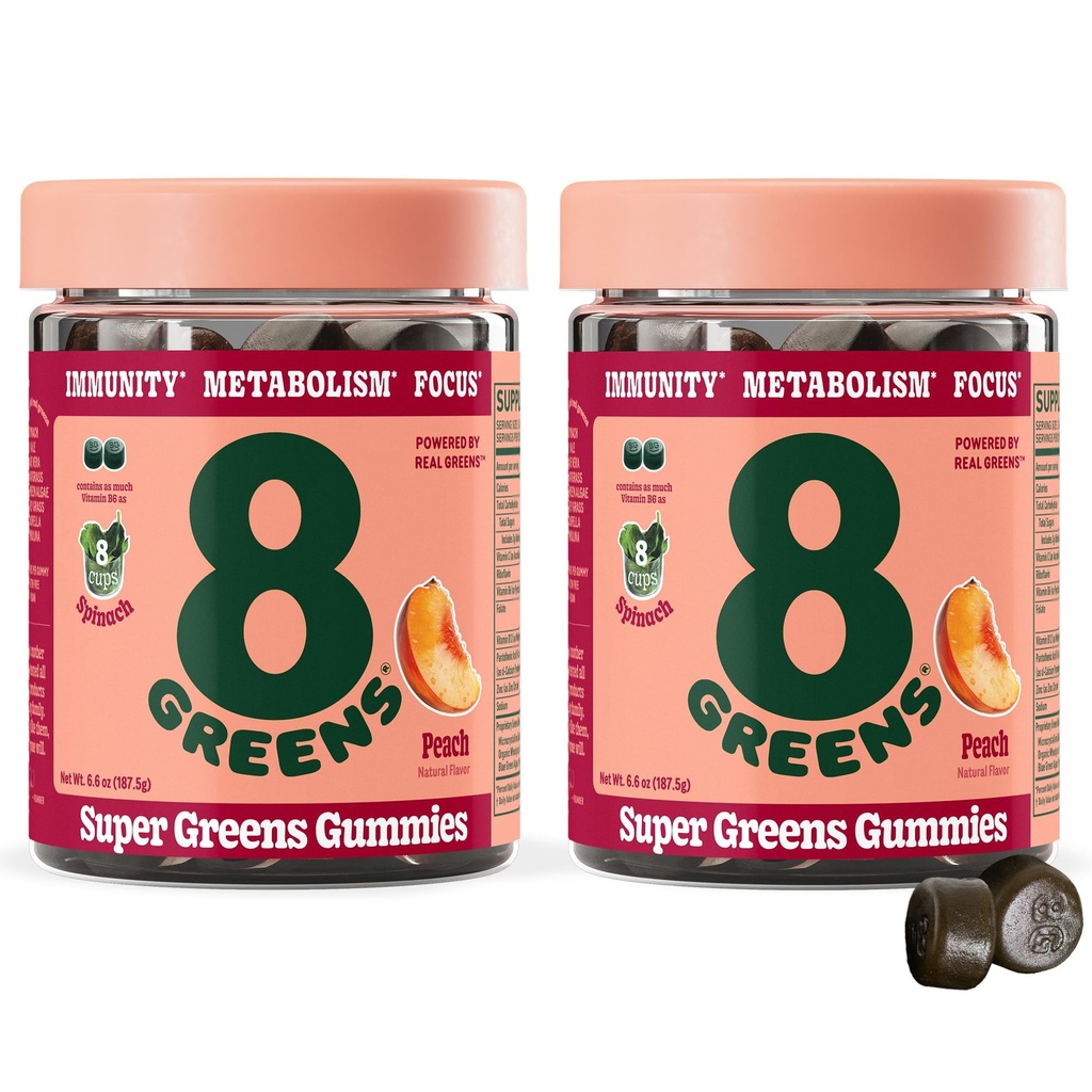 8Greens Supergreens Gummies Super Greens pulver Supermat Gummi for metabolisme, immunitet og fokus, Digestiv helse Enzymer, Organisk: Klorella, Spirulina, Aloe Vera, Peach Flavor, 100 greve