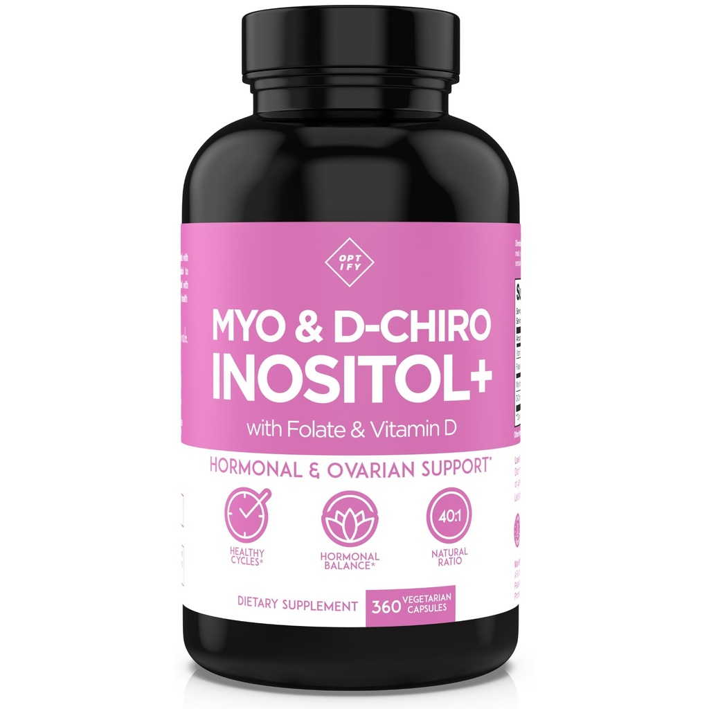 Optify Inositol Supplement for kvinner – 90-dagers Supply – Myo-Inositol og D-Chiro Inositol med Folat og vitamin D – 40:1 Ratio – Hormon Balance & Ovarian Support - 360 Kapsler