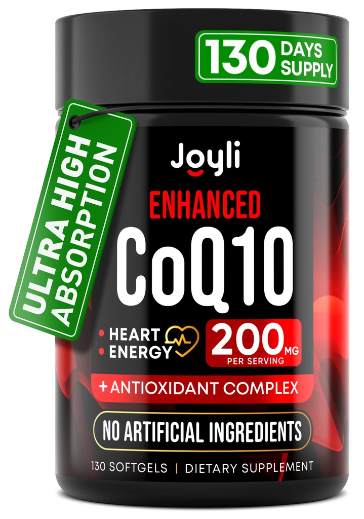Høy absorpsjon CoQ10 200MG - Co Q10, 200mg Softgels for hjerte helse og energi produksjon - Forbedret Co Q 10 Supplement med antioksidanter og flaxfrøolje - CoQ10 200 mg Per Servering