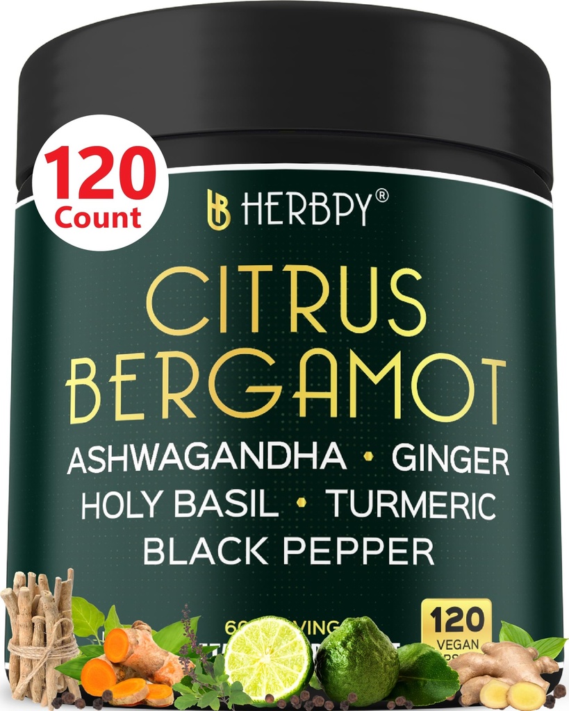 6in1 Citrus Bergamot Supplement med Ashwagandha, Holy Basil, Turmeric & Ginger Root - Sunn aldring, Immun & Avslapning - 120 Vegan Kapsler