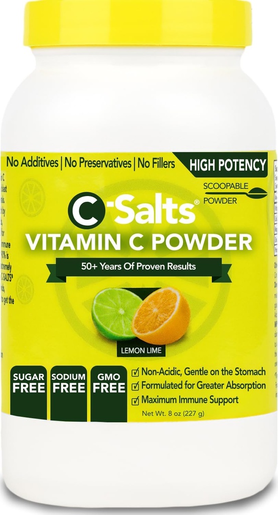 C-Salts vitamin C pulver Supplement - 100% ren høy dose buffert vitamin C pulver for immun støtte - organisk, sukker-fri, vegan, ikke-GMO, magen-vennlig, sitron lime 8oz