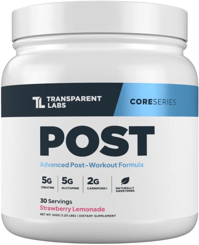 Transparent Labs Post - Post-Workout Recovery Muscle Builder med L-Glutamine, Beta-Alanine og BetaPure Betain Anhydrous for muskelgjenvinning og muskelbygging - 30 Serveringer, Strawberry Lemonade