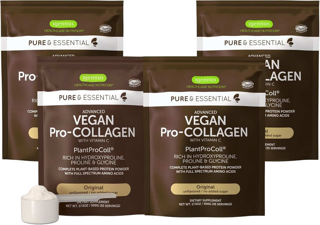 Igenus Vegan Collagen Peptid pulver, Forbedret med Glycine, Proline & Hydroxyproline & Cofactor Vitamin C, Ikke GMO, Komplett Vegetarisk Plant Basert Collagen pulver Booster, 4 x 35 Serveringer