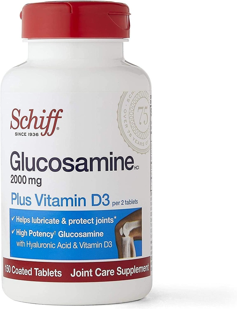 Schiff Glukosamine med vitamin D3 & Hyaluronsyre, 2000 mg glukosamin, Joint Care Supplement hjelper smøremiddel og beskytte ledd*, 150 tall (pakke med 2)