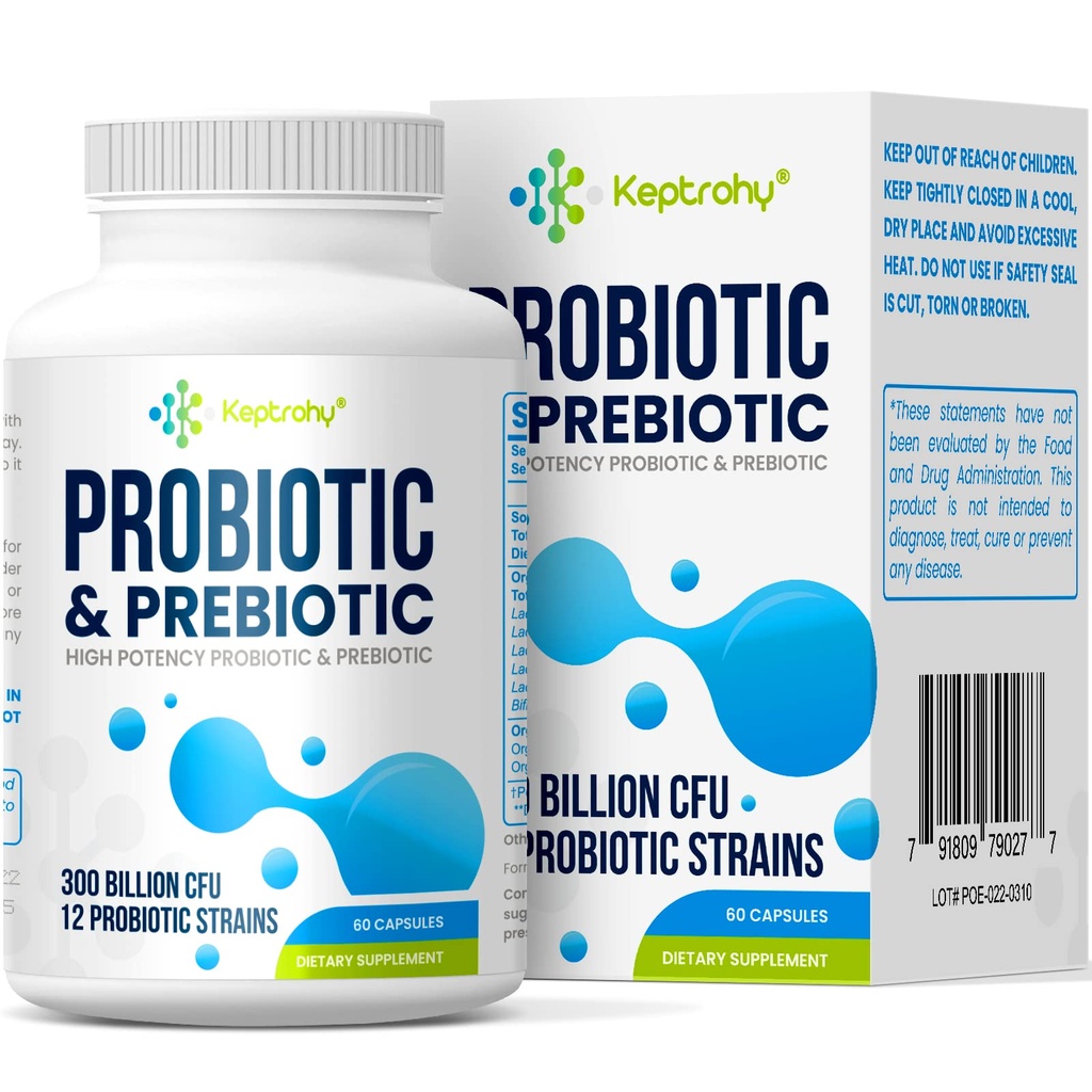 Probiotika for kvinner og menn, 300 milliarder CFU probiotika fra 12 Strains + organiske prebiotika blanding for daglig Digestive, Immune, Gut, Bloating, Gut helse for kvinner og menn, Holdestabil - 60 kapsler