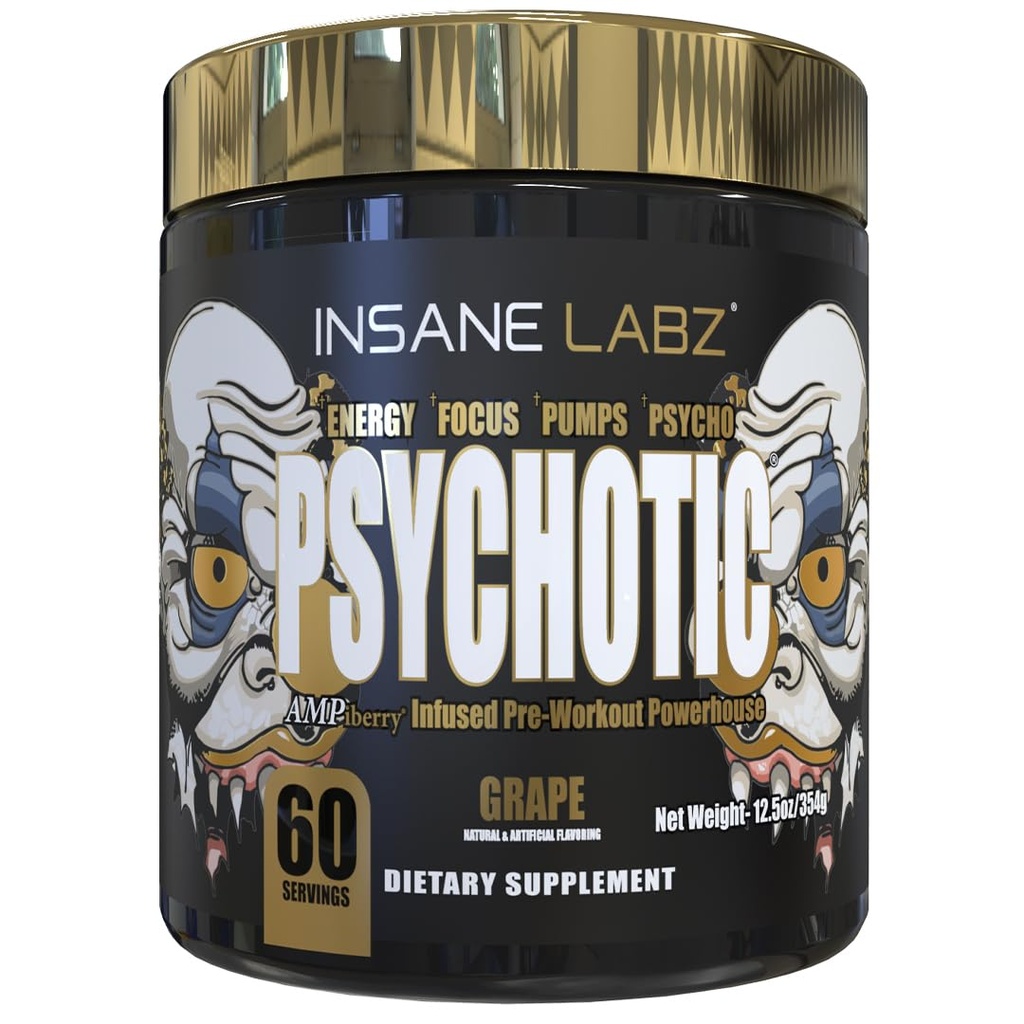 Insane Labz Psykotisk gull, høy stimulant pre trening pulver, ekstrem varig energi, pumper og utholdenhet med Beta Alanine, DMAE Bitartrate, NO Booster (60 Serverer, Grape)
