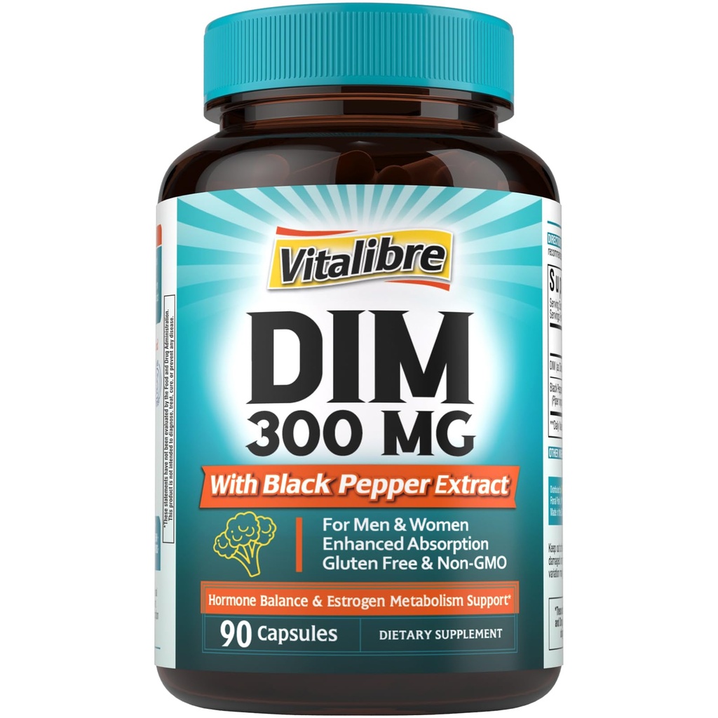 DIM Supplement for kvinner og menn, østrogenmetabolisme, hormonbalanse og menopause støtte, DIM 300 mg med svart pepper ekstrakt, høy absorpsjon, 90 kapsler