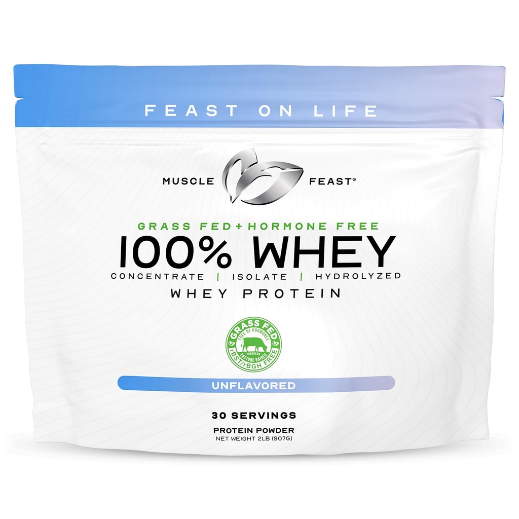 Muskelfest 100% Grass Fed Whey Protein Powder, Alt naturlig hormon gratis Paure hevet Whey Protein Powder for kvinner og menn- Whey Koncentrat, Isolate & Hydrolysert Protein Powder Blend- Unflavored, 2lb