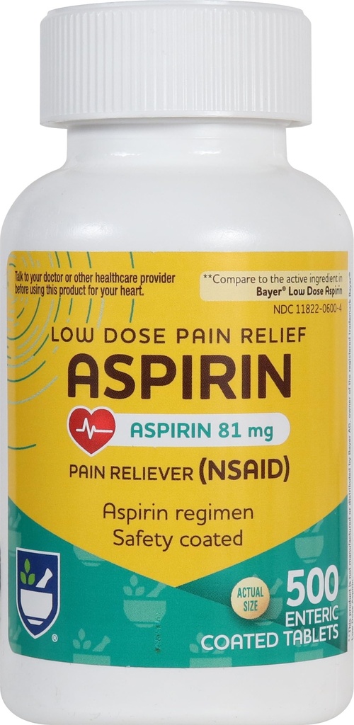 Rite Aid Aspirin Enteric Tabletter - 81 mg Aspirin - 500 teller - Lav-Dose for hodepine Relief - Sikkerhetsbelagt - Aspirin Regimen - Migraine Medicine - Smerte Relief