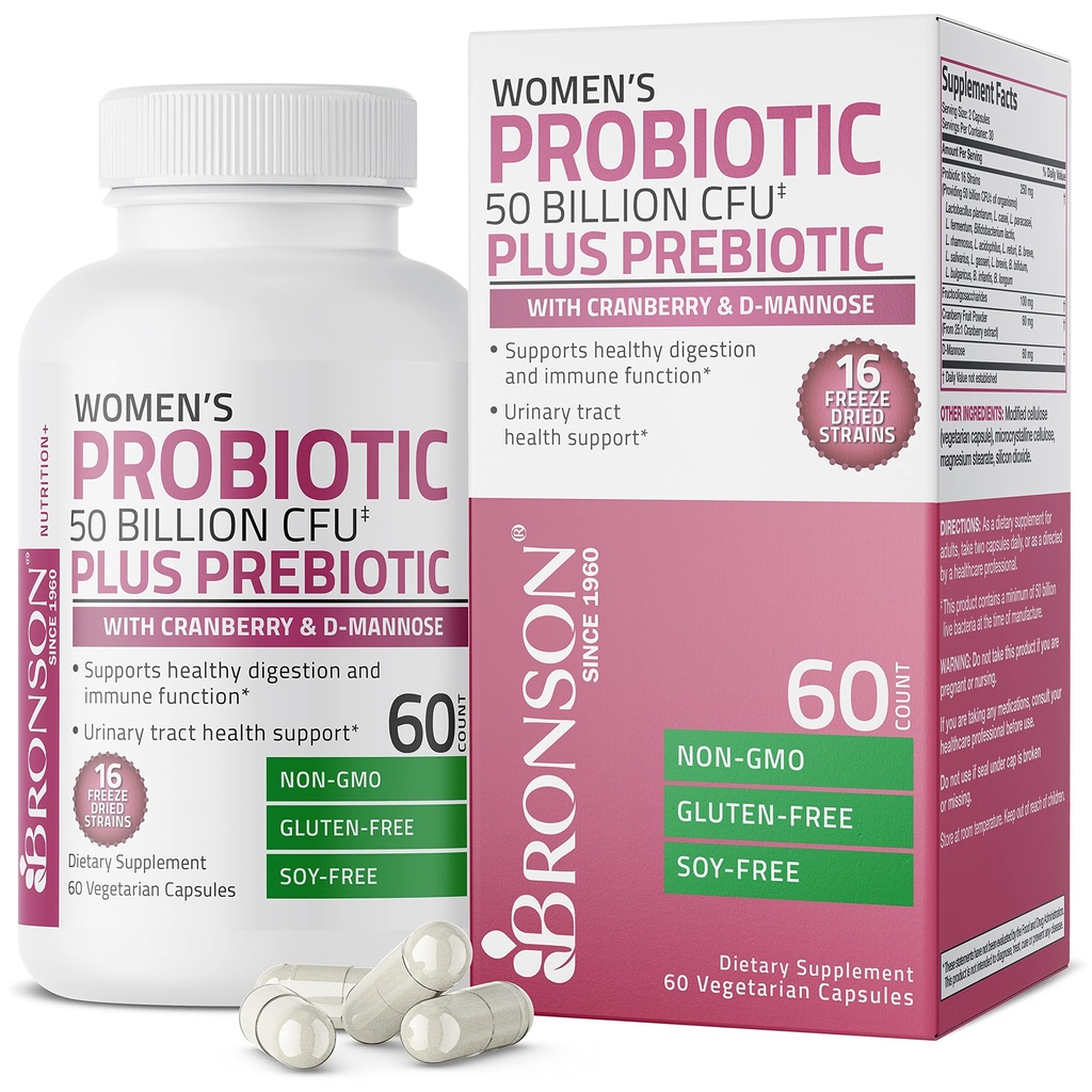 Bronson Women's Probiotic 50 Million CFU + Prebiotic with Cranberry & D-Mannose - Vaginal helse, sunn digestion, immunfunksjon og urinveitrakt støtte, ikke-GMO, 60 vegetariske kapsler