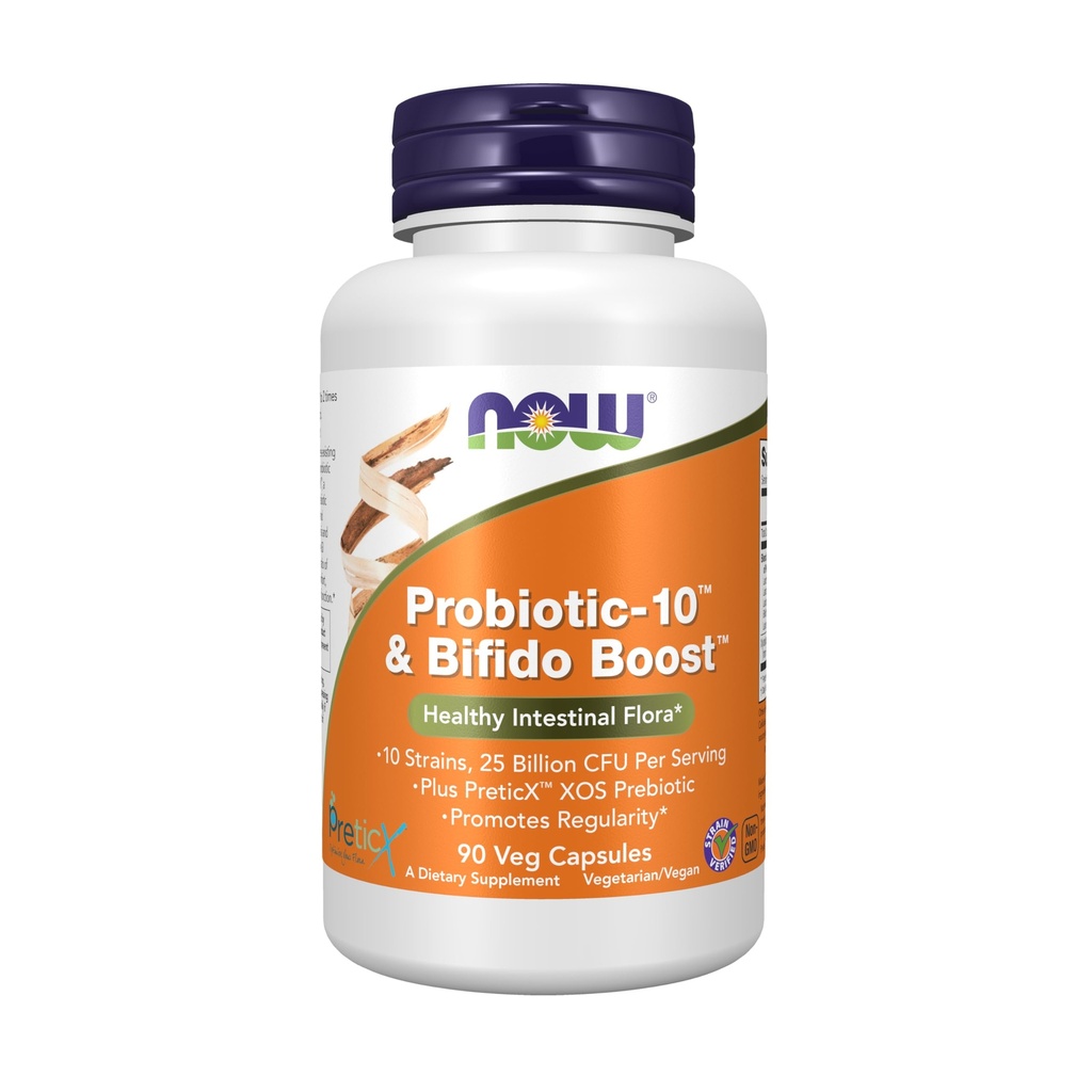 NU Mattilskudd, Probiotic-10TM og Bifido BoostTM med 10 Strains, 25 milliarder CFU Per Serving, pluss PreticXTM XOS Prebiotic, 90 Veg Kapsler