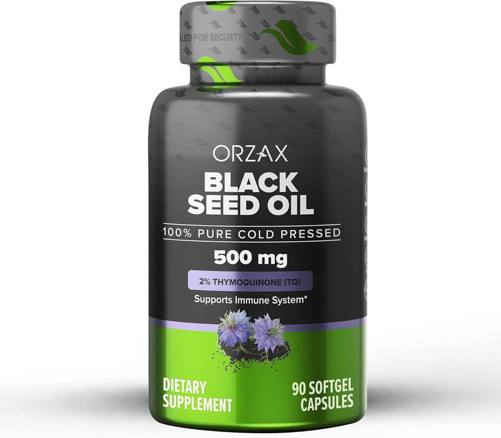ORZAX Black Seed Oil kaldt presset 100% ren | Ikke-GMO - rik på Omega 3 6 9 & Thyrokinon | Svart cumin Nigella Sativa olje for immunstøtte, hår, hud, ansikt (500 mg - 90 Softgel kapsler)