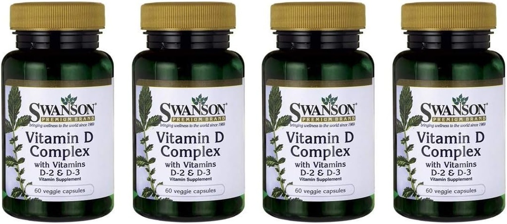 Swanson Vitamin D-kompleks med vitaminer D2 & D3 - Komplett Sunshine Vitaminkompleks for bein, tann- og immunhelse - vitaminsupplement ( 50 mg, 60 Veggie Kapsler ) 4 Pakke