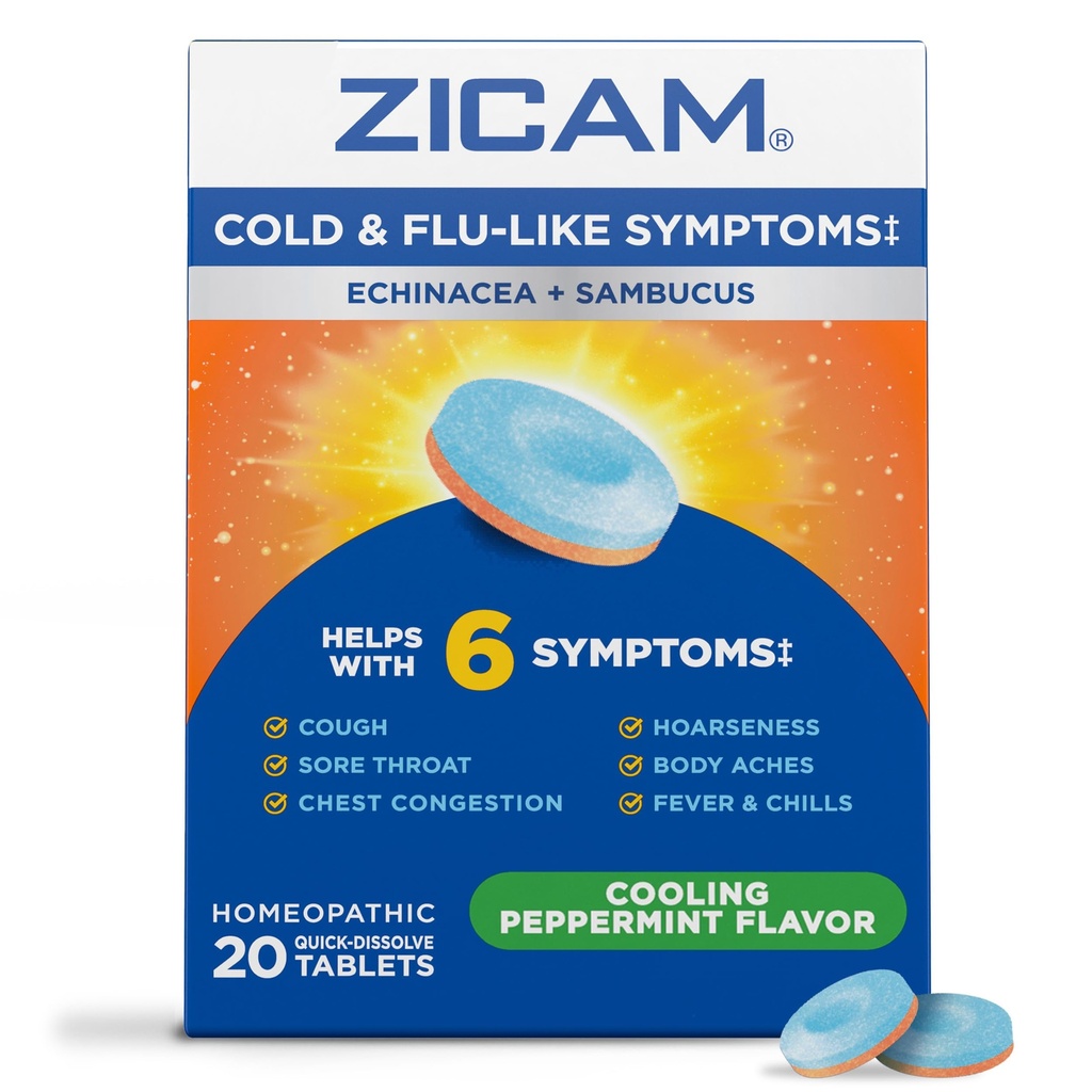 Zicam Cold & Flue-like symptomer med Echinacea og Sambucus, homøopatisk, sink, kjøling Peppermint Flavor, hjelper med kalde symptomer, 20 tabletter