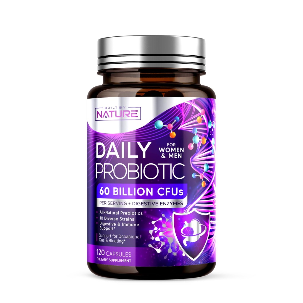 Bygget av Nature Probiotic for kvinner og menn – 60 milliarder CFU, 10 strimler + prebiotika og digestive enzymer – støtter digestive, immune, redusere gass og blotting – hyllestabile, ikke-GMO - 120 kapsler