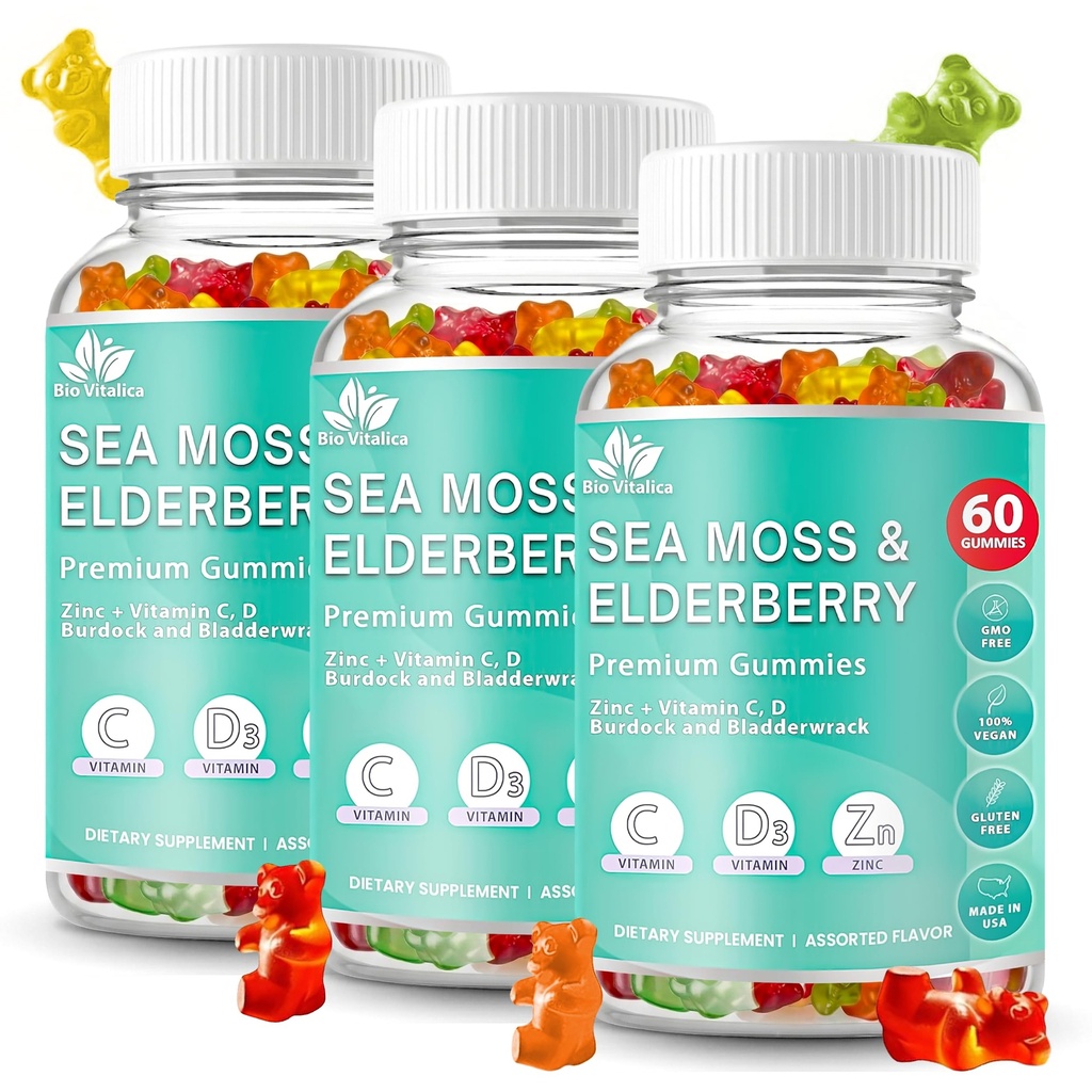 BIO VITALICA Sea Moss Gummies Elderberry BioVitalica - Vitamin C D + Zink - Irsk Seamoss Vegansk Gummy med Sea Moss Gel & pulver for immunitet, Detox - for voksne og barn (3Packs)