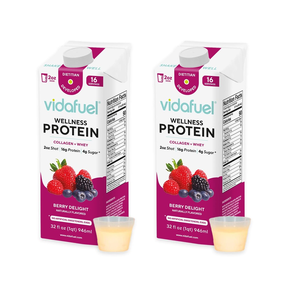Vidafuel Wellness Protein Drink, 16g Protein per 2oz Shot, 32 fl oz Carton, 2 Pack, Berry, Collage og Whey Drink, Ingen kunstige søtstoffer