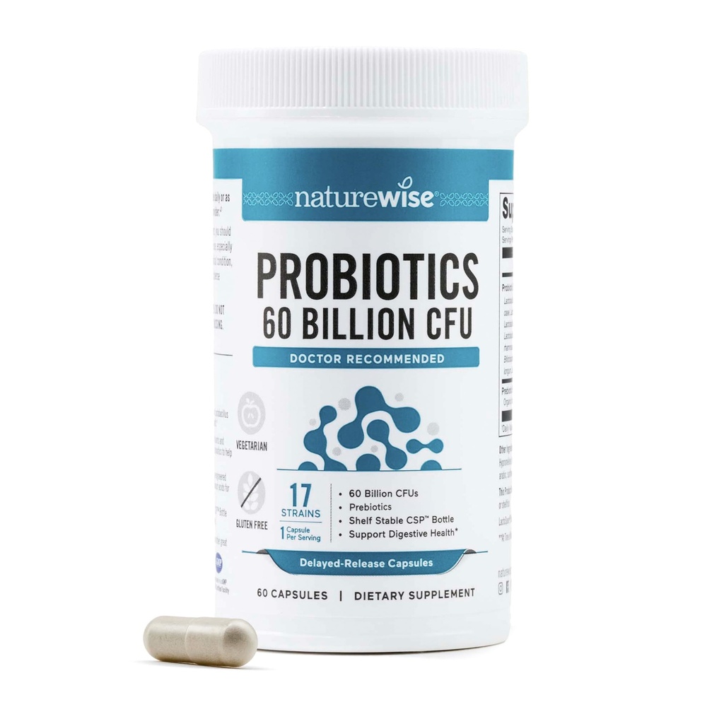 NatureWise Probiotika 60 milliarder CFU - 17 Strains + organiske prebiotika - Immune, Digestive og Gut Helse Støtte for kvinner og menn - Vegetarisk, Glutenfri, Ikke-GMO - 60 Kapsler[2-måneders Supply]