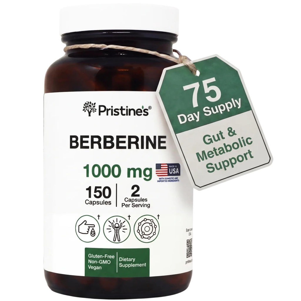 PRISTINE'S Berberine Supplement Kapsler - 1000 MG 75 dagers forsyning 150 kapsler - hjerte, og immunitet helsestøtte Antioksidant - Digestiv Tract & Sunn Gut Flora Support