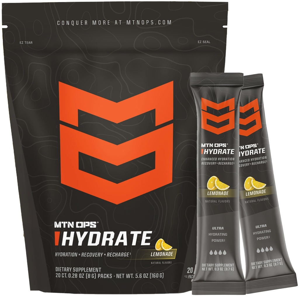 MTN OPS Hydrate Electrolytes Powder Drink Mix, 20 Single Servering On-The-Go Electrolyte Pakker med over 1000 mg elektrolyter per servering, Lemonade