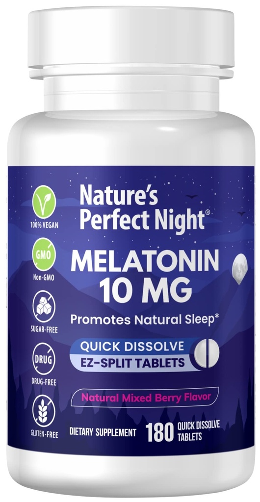 Naturens perfekte natt | Melatonin 10 mg | 180 Hurtige oppløsningstabletter | Naturlig blandet Berry Flavor |High Potency | Sukkerfri | Vegan | Glutenfri | Verdi Størrelse