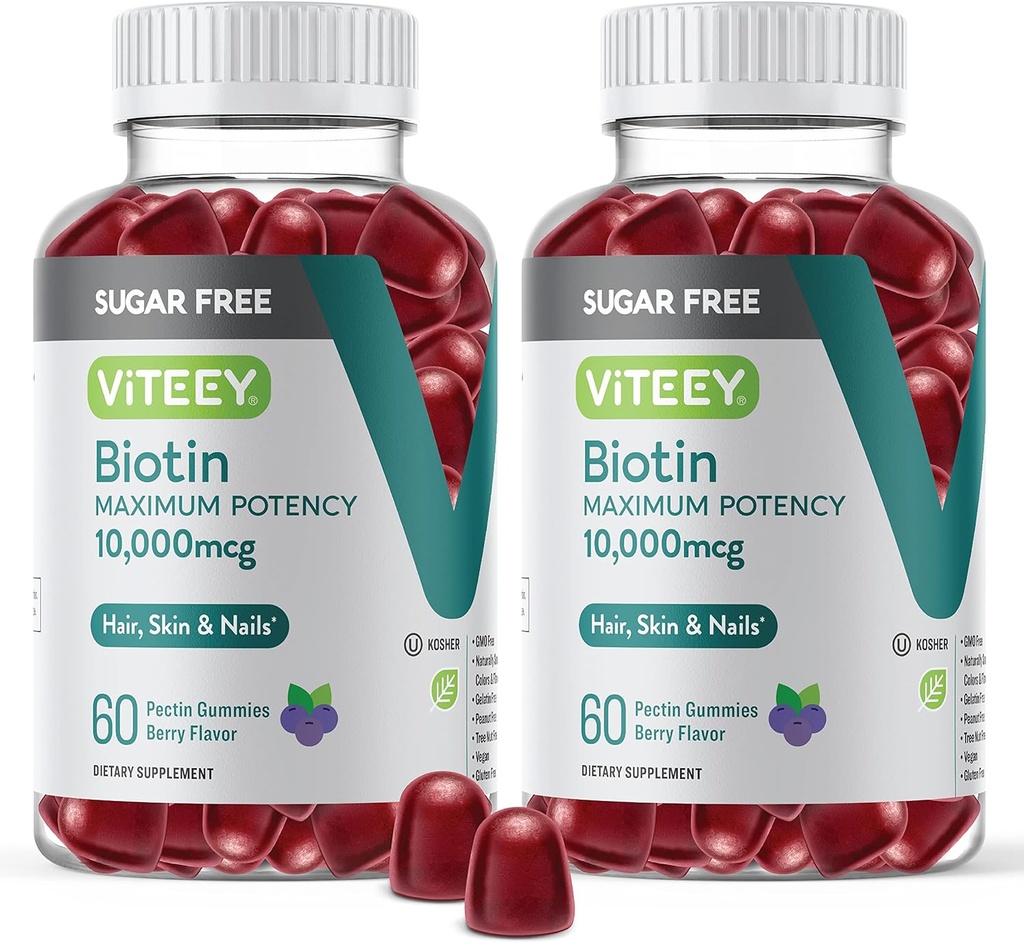 Viteey Biotin Gummies for hår, hud og negler 10.000mcg - sukker gratis - hårvekst Gummies, sunn hud Glow, sterk sunn neglevekst - Vegansk, Glutenfri, Gelatin Gratis- Tastig Berry Flavor