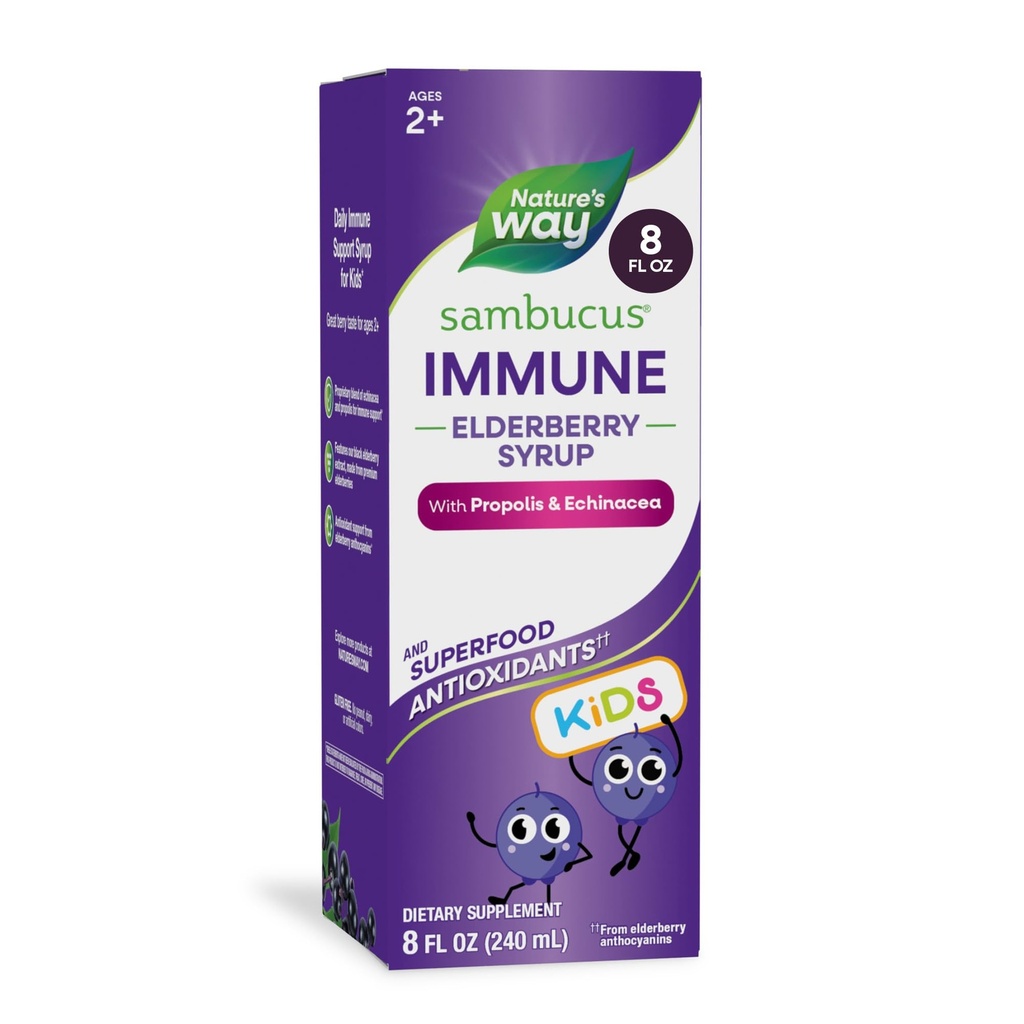 Naturens vei Sambucus Elderbær Immune Syrup for barn i alderen 2+, med Echinacea & Propolis, Immune Support Syrup*, Vegetarisk, Berry Flavored, 8 Fl Oz