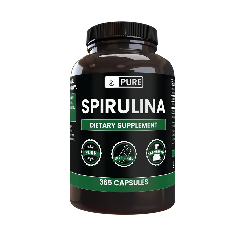 Rene originale ingredienser Spirulina (365 kapsler) Ingen magnesium eller ris fyllstoffer, alltid ren, Lab Verifisert