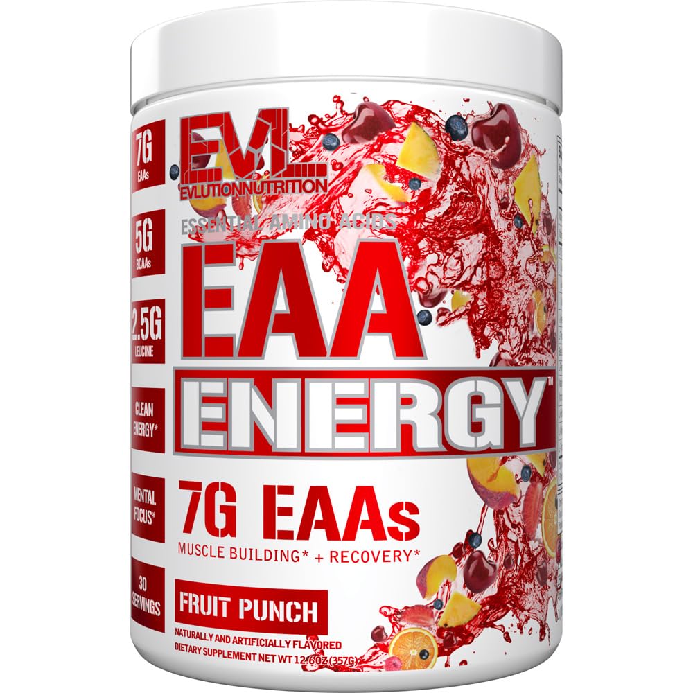Evlution Nutrition EAA Energi - Pre & Post Trening pulver - Muskelbygging og gjenoppretting Supplement - 7g Essentielle Aminosyrer + 5g BCAA - Ren energi - med koffein - 30 serveringer - Frukt Punch