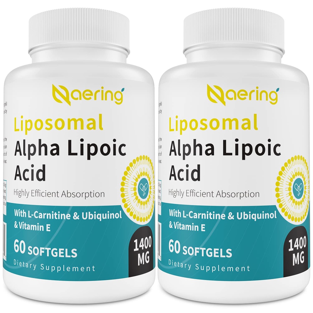 Liposomal Alpha Lipoic Acid 1400 mg Softgels, ALA Supplement med L-karnitin 1000mg, Ubiquinol (Active CoQ10) 100mg og vitamin E 10mg, Alpha-Lipoic Acid for antioksidanter, Nerve,Energy 120 Softgels