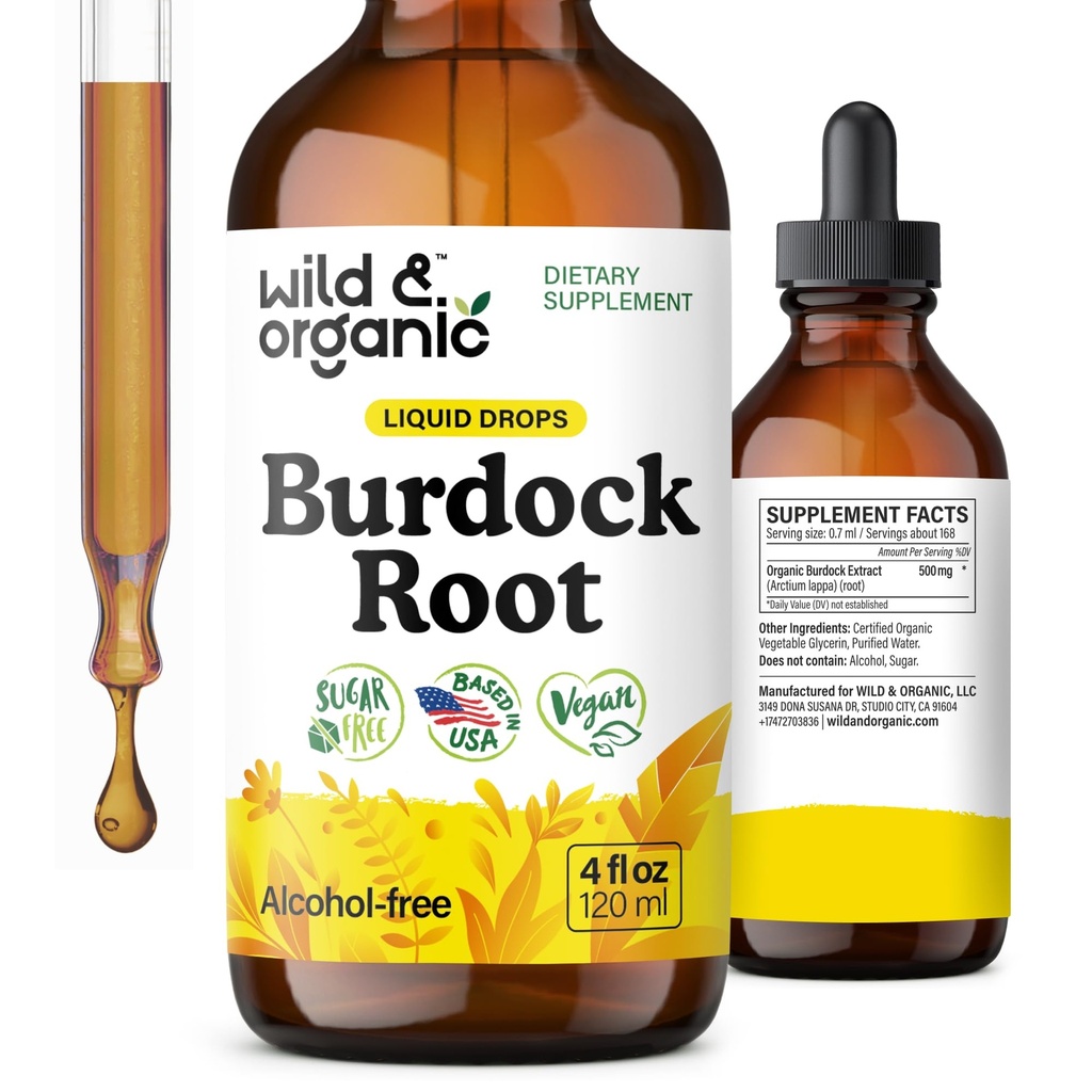 Wild & Organic Burdock Root Tinktur - flytende kosttilskudd for antioksidant, Detox, Digestiv support - Burdock Root Urt Drops - Vegansk, Sukker & alkohol-fri - 4 fl oz