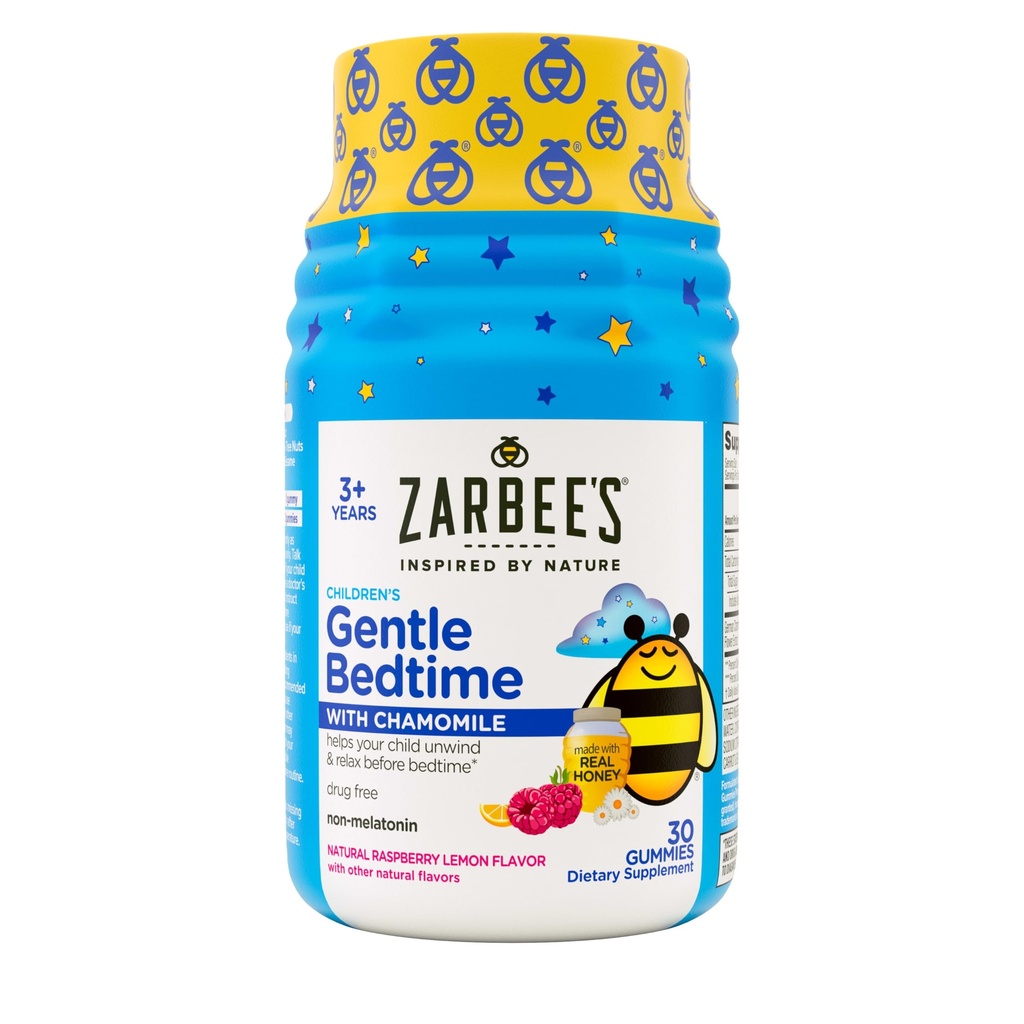 Zarbees Gentle Bedtime Gummies for barn - Melatonin-fri blanding av naturlig honning, bringebær sitron og kamille hjelper barn å slappe av og slappe av for å forberede seg på søvn, 30ct