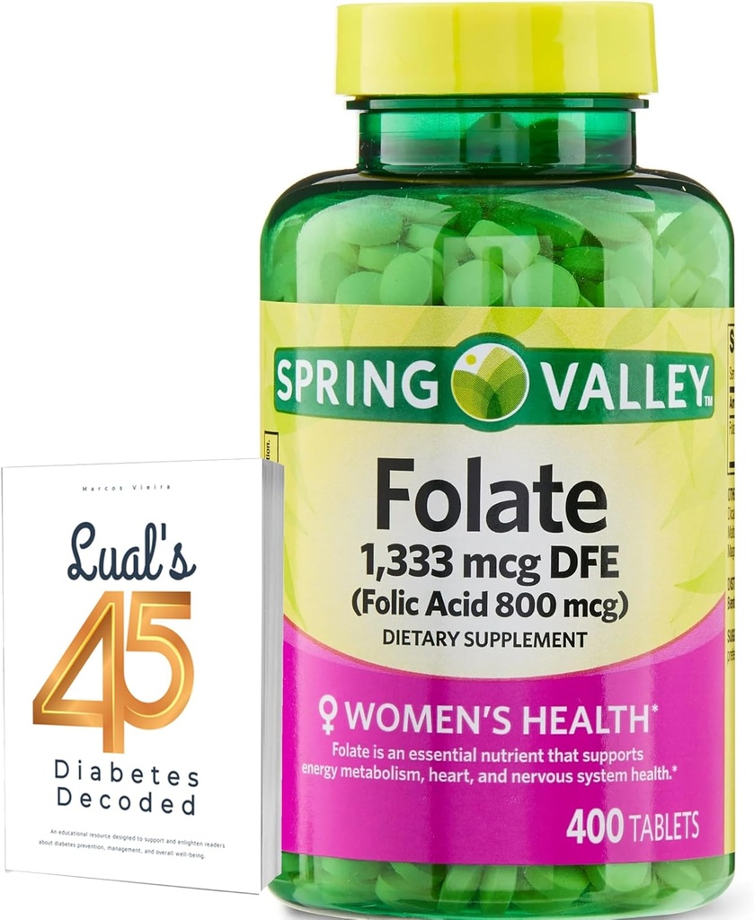 Folate 1,333 mcg. Spring Valley Folate Diett Supplement, 1,333 mcg DFE, 400 count, Folate Supplement for kvinner Graviditet, Folesyre 800 bundle med Luall 45 Diabetes Dekodet