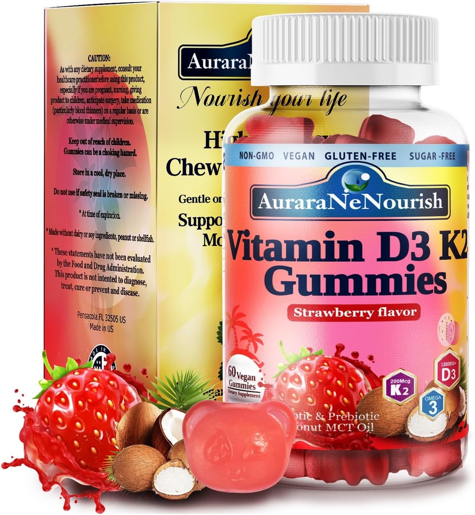 D3 K2 Vitamin 10000 IU, sukkerfri vitamin D3 K2 Gummies w. Pro & Pre, Chewable vitamin D3 og K2 (MK-7) Kosttilskudd for bein, tenner, immun, hjerte og digest helse, kalsium absorpsjon丨 Plantbasert
