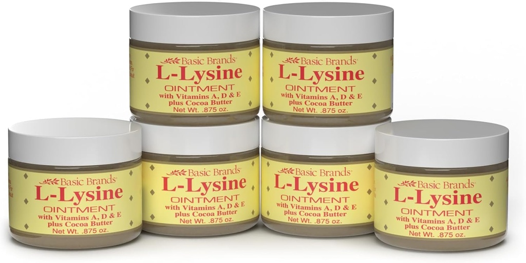 Grunnleggende merker - L-Lysine Ointment - 0.875 oz - Lysin kalde sore behandling og blender lindring - Soothes Chapped lepper og tørr hud - 6-Pack