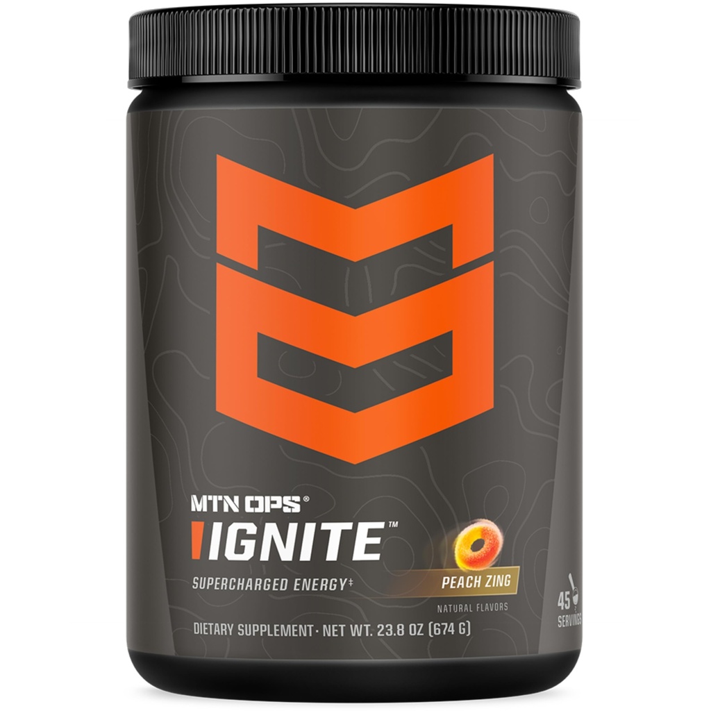 MTN OPS Ignite Energi Drikke pulver, Glutenfri Nootropic Supplement Drink Blande, L Arginine, L Citrulline, Koffein & Nootropic Sukker Gratis Drikkeblanding, 45 Serveringer, Peach Zing