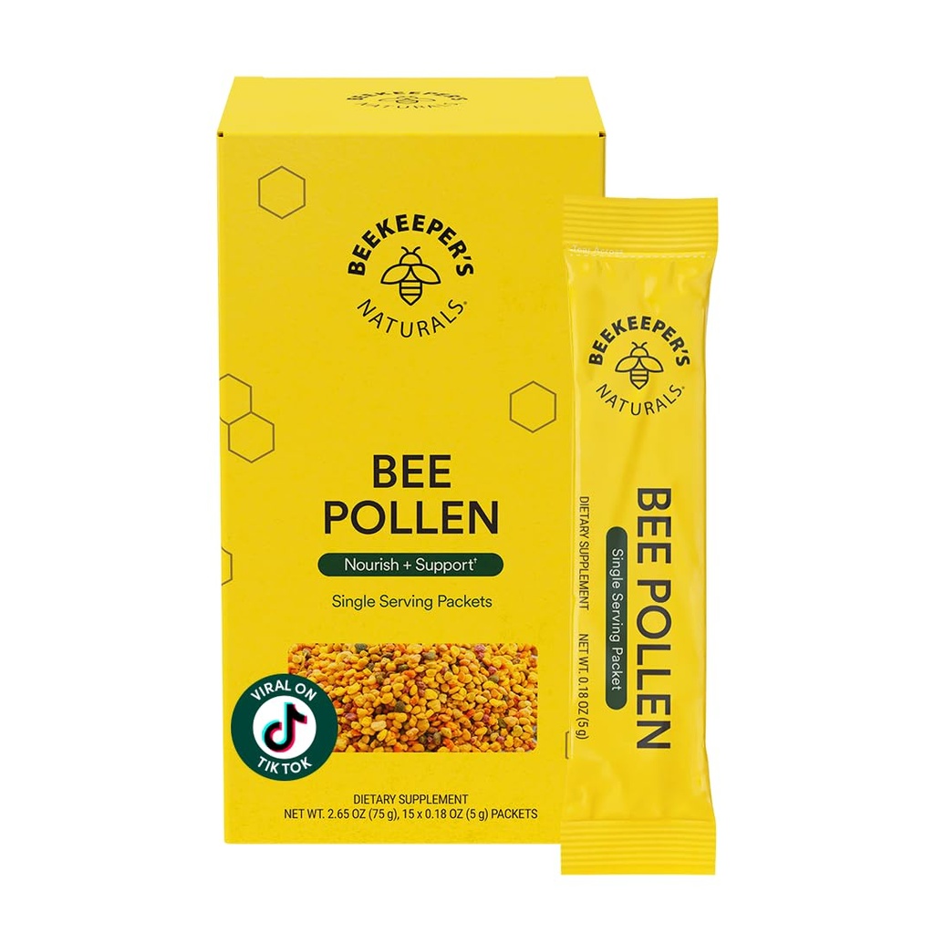 Beekeeper's Naturals - 100% Raw Bee Pollen Stick Packs, Naturlig Bevart Enzymer, Kilde til vitamin B, Mineraler, Aminosyrer & Protein - Paleo & Keto Vennlig, Glutenfri (15ct)