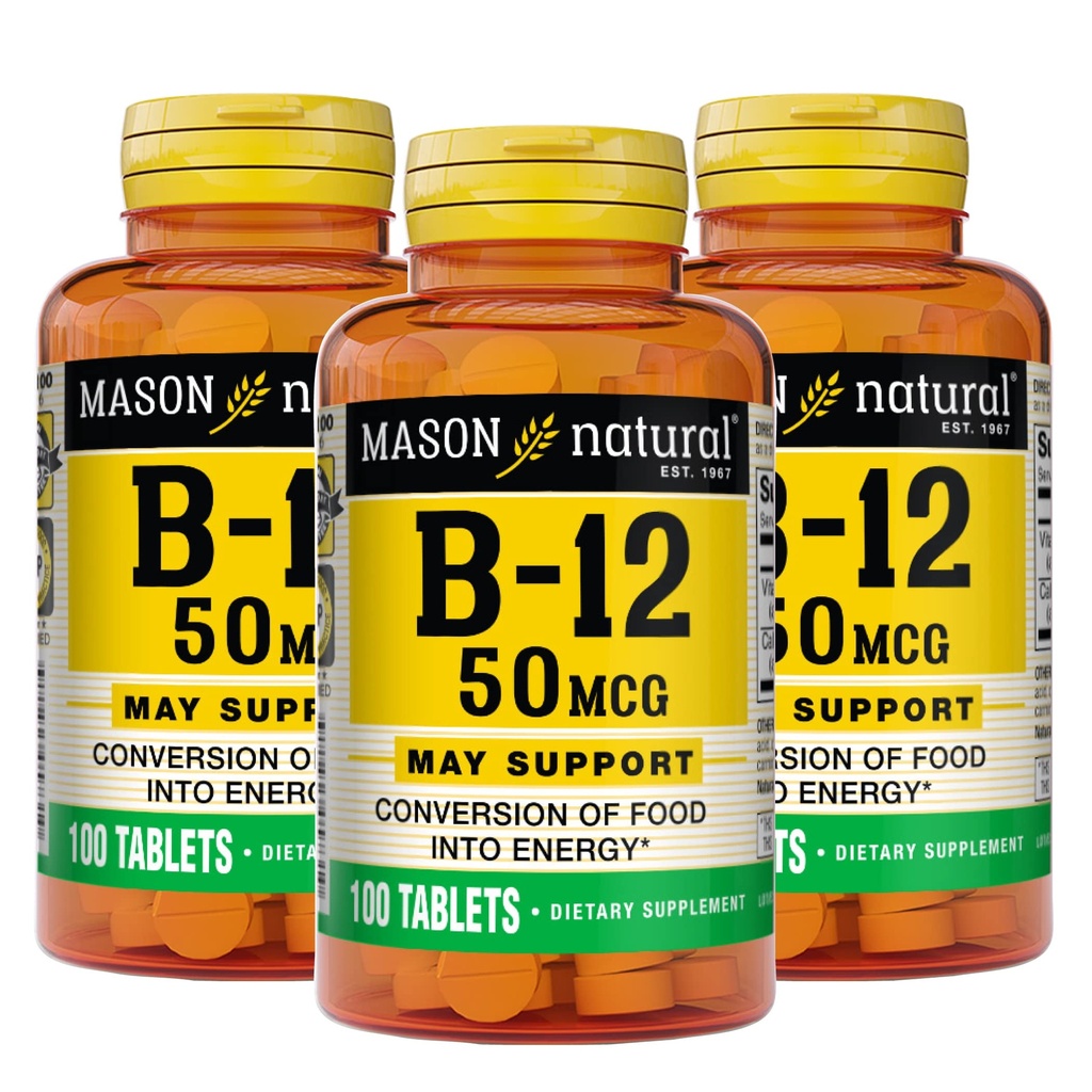 Mason naturlig vitamin B12 50 mcg med kalsium, 300, dag forsyning, kosttilskudd for å støtte naturlige energinivåer, 100 tabletter (pakke på 3)