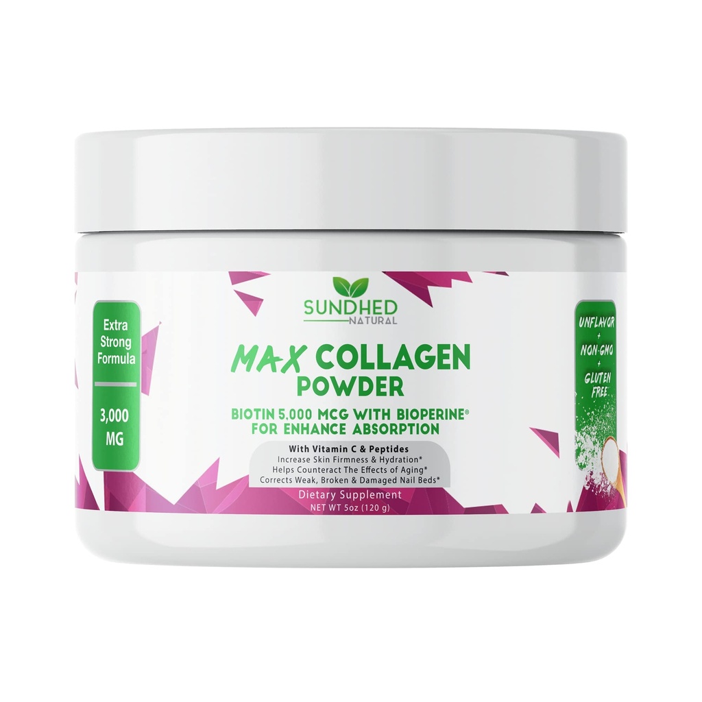 Max Collage Plus C (30 dagers forsyning) - Alt naturlig kollagen pulver med biotin og bioperin for å øke anti Aging Hydration & hudfasthet - 500 mg vitamin C - styrke bein og negler