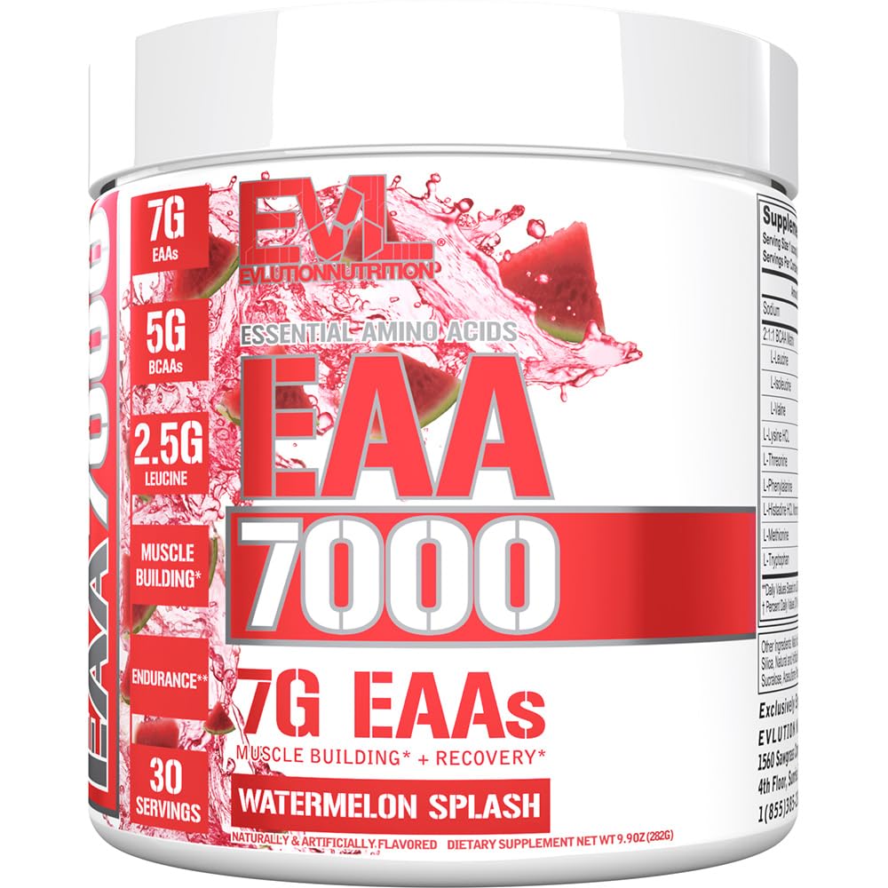 Evlution Nutrition EAA7000 - Pre & Post Workout pulver - Muskelbygging + Recovery Supplement - 7g Essential Aminosyrer + 5g BCAA - Endurance + Energistøtte - 30 Services - Vannmelon Splash