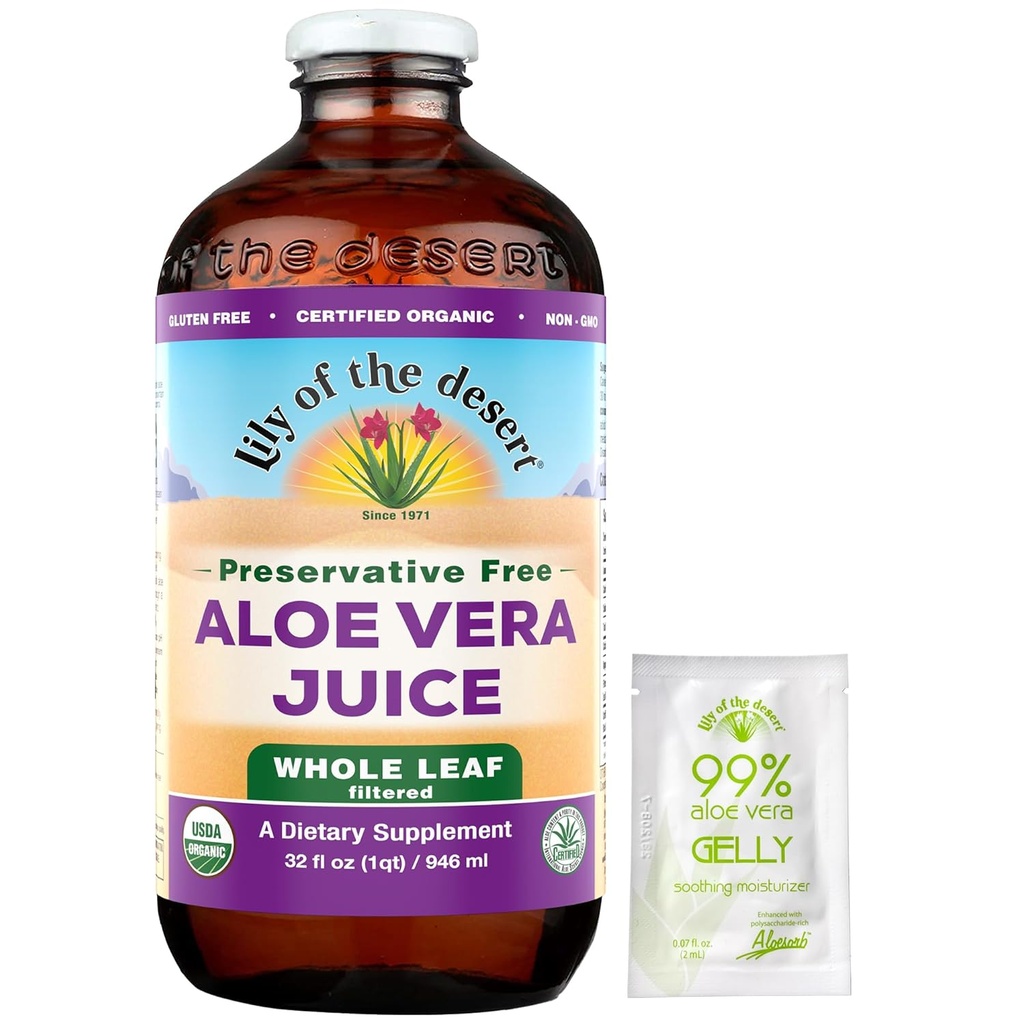 Lily of the Desert Aloe Vera Juice, Preservative Free - Hele Leaf Aloe Vera Drikke med naturlige vitaminer, Digestive Enzymes for Gut Helse, Mage Relief, Wellness, Glødende Hud, Gelly Sachet inkludert