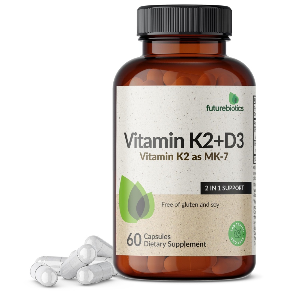 Futurebiotika vitamin K2 (MK7) med D3 Supplement - Ikke-GMO Formula - 5000 IE vitamin D3 & 90 mg vitamin K2 MK-7, 60 vegetariske kapsler