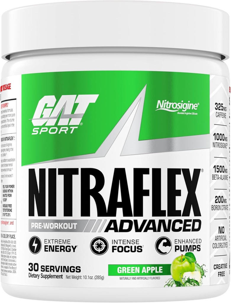 GAT SPORT Nitraflex Advanced Pre-Workout pulver, øker blodstrøm, øker styrke og energi, forbedrer øvelsesytelse, kreatinfri (grønn Apple, 30 Services)