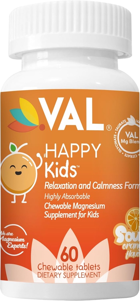 VAL Kids Magnesium | Calm + Focus Formula | 100 mg Mg (Glycinate, Citrat, Taurate) + B6, D3, C | Sukkerfri, Ikke-GMO | Fun Chewable Tabletter | Orange Flavor | 60 Ct