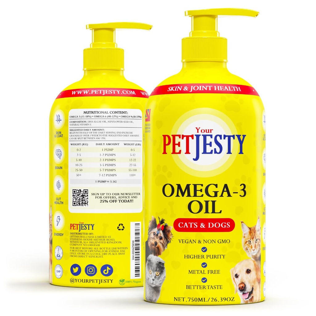 PetJesty Pure Omega 3 Olje for hunder og katter 26.39oz - Omega 3 Skin & Coat støtte- flytende mattilskudd for kjæledyr - Vegansk kjæledyr + DHA for felles funksjon, immun- og hjertehelse, ikke fiskeolje hund og katt
