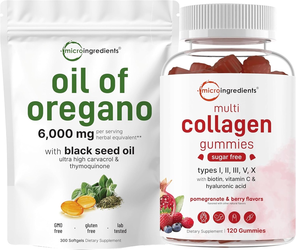 Mikroingredienser Olje av Oregano Softgels 6.000mg Per Serving & Multi Collagen Peptides Gummies Bundle Pack ® 4X Styrke Carvatrol & Thymoquinon ® Type I,II,III,V,X Protein