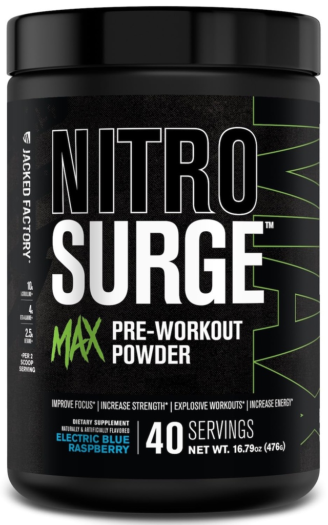 Jacked Factory Nitrosurge Max høy ytelse pre trening pulver - Pre Workout w / Nootropic ingredienser for intens fokus, pumper, glatt energi, utholdenhet - 40 serveringer, elektrisk blå bringebær